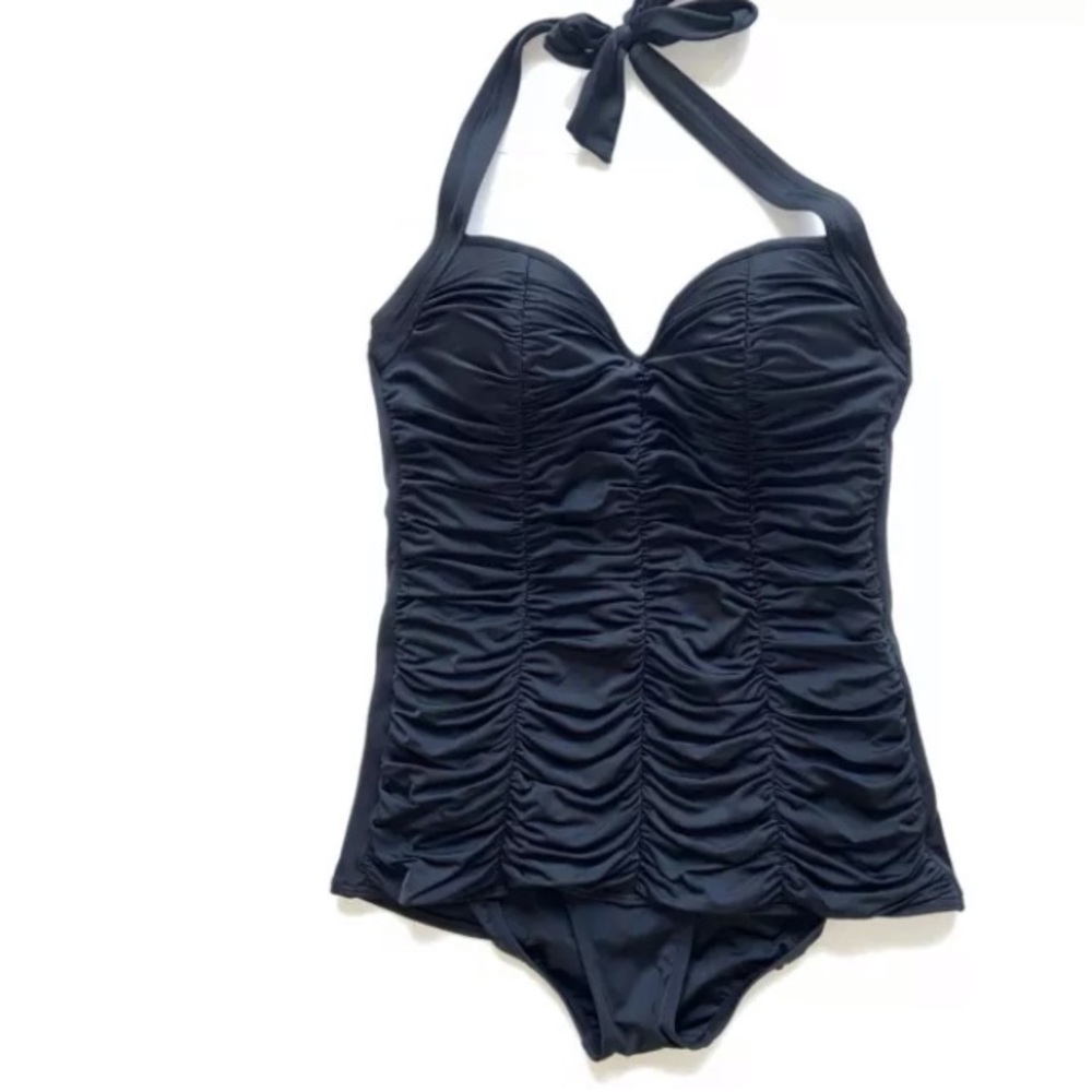 Betsy Johnson Black Ruched Halter Swimsuit Retro